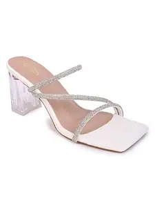 brauch Party Wear White Multistrap Rhinestone Diamond Glitter Transparent Heel For Women/Girls