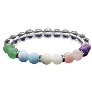 RRJEWELZ Natural Aventurine, Aquamarine, Moonstone & Rose Quartz 8mm Round Shape Smooth Cut Beads 7 Inch Stretchable Bracelet For Men & Women. Unisex Bracelet For Healing & Meditation|STBR_RR_10102_7.0