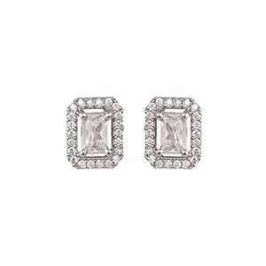 Ratnavali Jewels 925 Silver Cubic Zirconia Studded Sterling Silver Stunning Rectangle Studs Tops Earrings For Women/Girls
