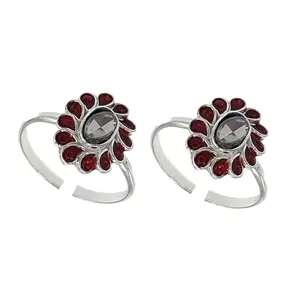 Sahiba Gems Pure Silver (Chandi) Polki Designer Red Zircon Toe Rings/Bichiya For Women ~ Pack in 2 Pieces Set
