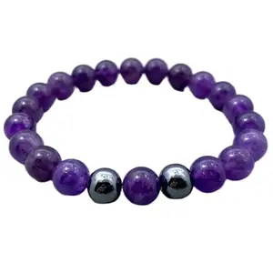 RRJEWELZ Natural Amethyst & Hematite 8mm Round Shape Smooth Cut Beads 8 Inch Stretchable Bracelet For Men & Women. Unisex Bracelet For Healing, Meditation, Prosperity, Gift & Luck|STBR_RR_10566_8.0