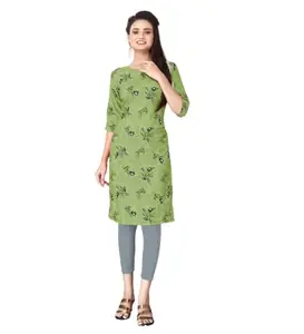 Women's Casual 3/4th Sleeve Floral Print Polyester Knee Length Straight Kurti (Green, 2XL)-PID45489