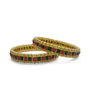 ACCESSHER Traditional Gold-Plated Red & Green Semi Precious Stnes Studded Rajwadi Style Statementm Kadas/Bangles for women and girls Set of 2