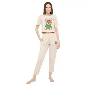 CAMEY Nightwear Crop Cord Set for Women, Printed Top and Pajama, Viscose Crop T-Shirt and Pants with 2 Side Pockets (Large, Cream)