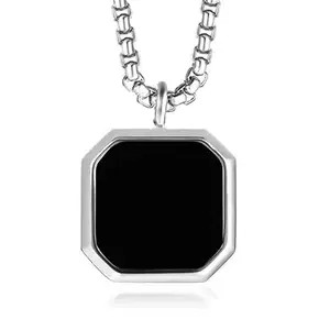 Geometric Square Necklaces Black Enamel Rectangle Pendant with Rope Box Chain Collar Gift Jewelry (SILVER)