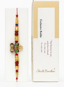 Exclusive Rakhi Bracelet with Traditional Design, Gold-Toned Beads and Red Stones, Gift Box Packaging,Roli Chawal,Choco Pie