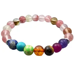 RRJEWELZ Natural 7 Chakra Stone & Watermelon Quartz 8mm Round Shape Smooth Cut Beads 7.5 Inch Stretchable Bracelet For Men & Women. Unisex Bracelet For Healing, Meditation & Luck|STBR_RR_10523_7.5