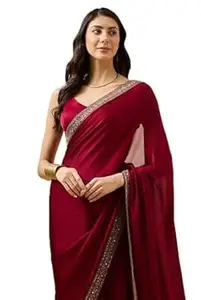 CB-COLEBROOK Women's Soft Satin Saree with Embroidered Sequin Border With Blouse Piece, Traditional Indian Ethnic Wear, Party, Wedding Sarees For Womens