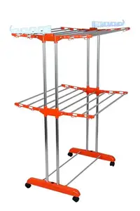Mega stand Clothes Drying Rack with Caster Wheels | 2-Tier Stainless Steel Clothes Stand Rack with Adjustable Side Wings for Towels, Clothes, Garment Dryer (Colour - Orange).