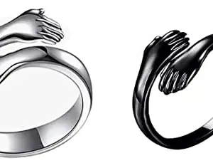Adjustable Black Silver Hug Rings for Couples Women Girlfriend 2pcs (Blacksilver)