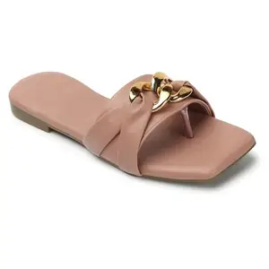 Naitik Footwear Women's Gold Chain Slip-On Flat Sandals | Trendy Look for Girls | Peach