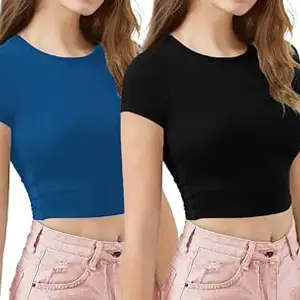 THE BLAZZE Women's Cotton Stylish Round Neck with Cap Sleeve Casual and Comfort wear Stylish Regular Fit Crop Top for Women L184 KB1081 (2XL, RBL_BLK)