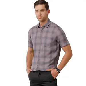Linen Club Men's Pure Linen Purple Checked Regular Fit Half Sleeve Casual Shirt(SIZE-39)-LCSHCK0200064