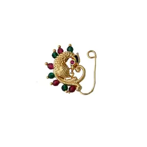 Anuradha Art Jewellery Elegant Peacock Shape Multi-Colour Traditional Maharashtrian Nose ring without piercing Gold-Plated Nath Clip On Nose Ring For Women.