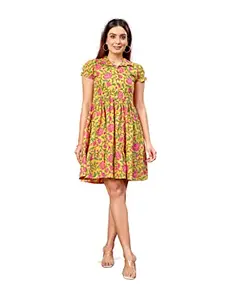 DRESOUL Women's Yellow Cotton Printed Party Fit and Flare Dress (X-Small)