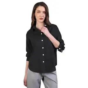 Urbano Fashion Women's Cotton Full Sleeve Oversized Fit Casual Solid Slub Shirt with Spread Collar