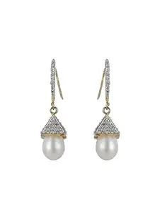JAZZ AND SIZZLE White Gold Plated American Diamond & Pearl StuddedTear Drop Earrings
