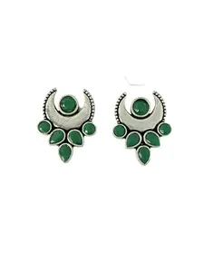 Oxidised Moon Stud Earrings with Emerald Green Stones
