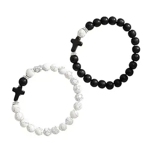 Karishma Kreations 2Pcs Couples Cross Bracelet Classic Natural Stone White Black Beaded Bracelets for Men Women Best Friend memory gift BFF Bracelets | His and Her Bracelets