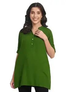 ARF ANGOORI FASHION ANGOORI Fashion Women's Roll-Up Sleeve Tunic Top, V-Neck with Button Front, Side Pockets, Rayon Short Kurti