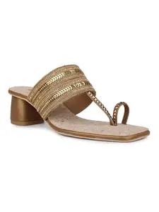 Inc.5 Women Gold Party And Club Wear Embellished Square Block Sandals Euro-36