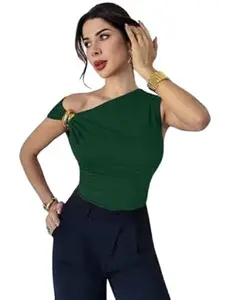 TIVANTE Solid Asymmetric Neck Crop Top for Women with Buckle Detail | Sleeveless top for Women | Korean top