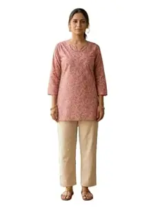 JIVAS COLLECTIVES Women’s Pure Katha Cotton & Cotton Floral Print Kurti | Short Tunic Top for Women | Round V-Neck 3/4 Sleeve Ethnic Kurti for Daily & Casual Wear