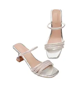 Women's Silver Rhinestone Heeled Sandals, Chunky Block Heel, Ankle Straps, High Heels (3)