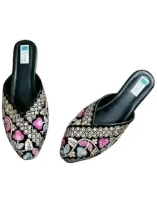 Women's Floral Embroidered House Slippers, Black with Butterfly Pattern, Indoor Slip-on (Black, UK Footwear Size System, Adult, Women, Numeric, Medium, 9)