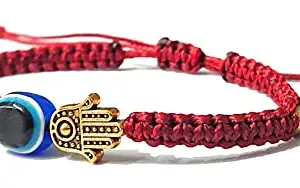 SAFFRON SHADES Two Hamsa Hand & Evil Eye Rakhi Bracelet for Brother, Sister and Bhabhi | Goodluck & Protection Bracelet | Greeting Card, Roli, Moli & Chawal, Message Card and Gift Potli (Red)