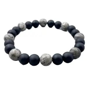 LKBEADS Map Jasper & Matte Black Onyx Beaded Bracelet - Essential Oils Diffuser, Buddhist, Best Friend Gift for Him|8mm Round|Smooth|Black & Grey|SRC_LI_000249