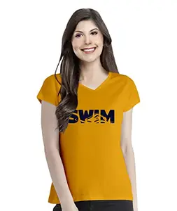 Pooplu Women's Regular Fit Swim Cotton Graphic Printed V Neck Half Sleeves Sports, Diving, Swimming Pootlu Tees and Tshirts.(Oplu_Yellow_Large)