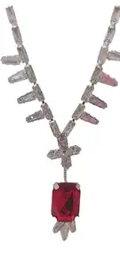 Crystal Statement Necklace with Red Gemstone Pendant, Clear Baguette Chain, Silver-Tone
