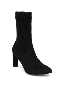 SHERRIF Black Color Block Heel Calf Length Boots for Women