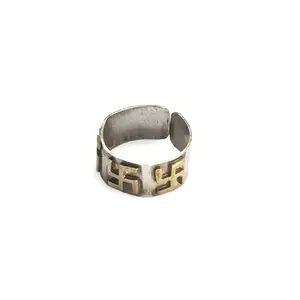 Gold Nera Spiritual Harmony Swastik Fusion Sterling Silver Men's Adjustable Ring with Tarnished Brass and Gold Accent
