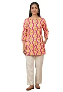 JIVAS COLLECTIVES Women’s Pure Katha Cotton & Cotton Floral Print Kurti | Short Tunic Top for Women | Round V-Neck 3/4 Sleeve Ethnic Kurti for Daily & Casual Wear