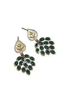 Atibelle german Silver & dual toned Plated -green stone - studded -leaf shaped drop earrrings