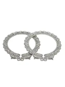 NVR Women's Set of 2 German Silver Oxidised Elephant Design Handcrafted Bangles
