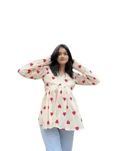 White Heart Printed Long Sleeves Kurti for Women's