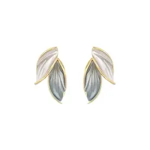 Dual Tone Blue Leaf Earrings - Korean Style Hypoallergenic Fashion Jewelry for Women