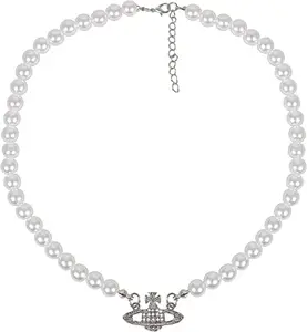 ARZONAI Silver Pearl Saturn Necklace Rhinestone Pendant Planet Choker Retro Jewelry for Women Girls Birthday Party Anniversary