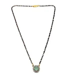9blings Gold Plated Black Beaded Sea Green AD Stone Mangalsutra With Earrings
