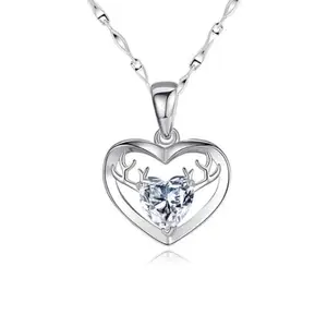 Bling Queen Women's Silver Plated Reindeer Heart Pendant With Cubic Zirconia