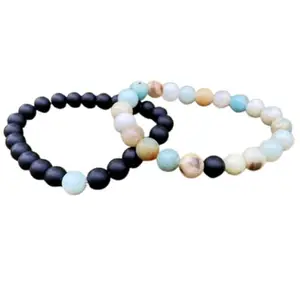 RRJEWELZ black Agate & Amazonite 8mm Round Smooth beads Long Distance Couples Love Friendship Combo Bracelet Set - Couples Relationship 7 inch Stretchable Bracelets set|RR_CPBR_024_7