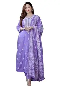 Hasvika Trading Company Women’s Cotton Floral Printed Straight Kurti With Pant and Dupatta (Lavender)