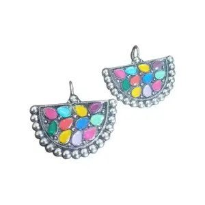 MYSTERIOUSMART Semi-Circular Drop Earrings, Multicolored Enamel, Silver-Toned with Pearl Beading