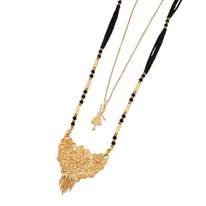 MALKYN Women's Exquisite Gold-Plated Long Mangalsutra with Floral Filigree Pendant and Layered Black Beaded Chain, Paired with a Dainty Adjustable Gold-Tone Charm Necklace-MD-013