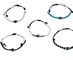MONGA CREATIONS Nazariya HandmadeEvil Eye Beaded Black Thread, Black, White and Turquoise Three colour Beads Bracelet, Adjustable String for Women, Men, Girls & Boy 5 Piece