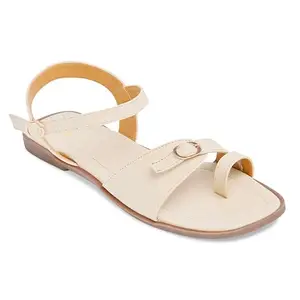 Longwalk Women Flat Sandals, Stylish Adjustable Buckle Lightweight, Slip-On, Non-Slip Sole for Casual, Party & Everyday Wear Cream