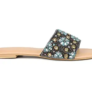Design Crew Hand Embriodered Slide Sandal With Rinestone Flower Pattern